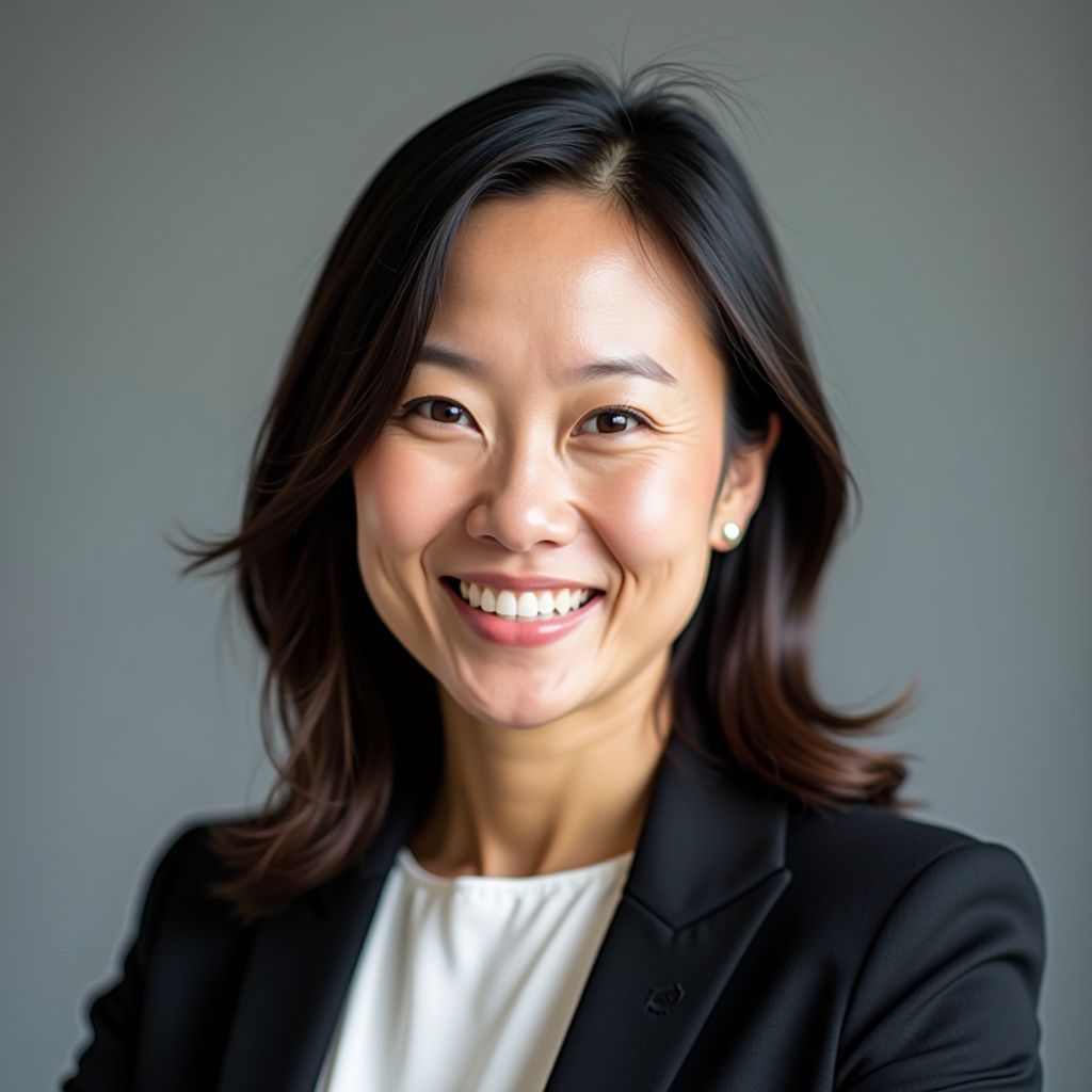 Portrait professionnel de Sophie Chen, Directrice Générale de Brightgadgets, femme d'affaires asiatique souriante en tenue professionnelle moderne