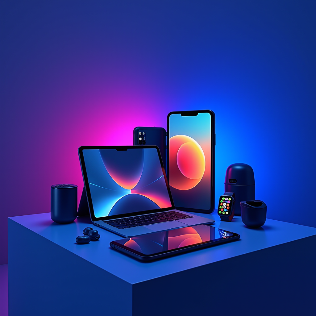 Collection d'appareils intelligents modernes incluant smartphones, tablettes, écouteurs sans fil, montres connectées et accessoires technologiques disposés de manière élégante sur fond futuriste avec effets de lumière néon bleue et violette