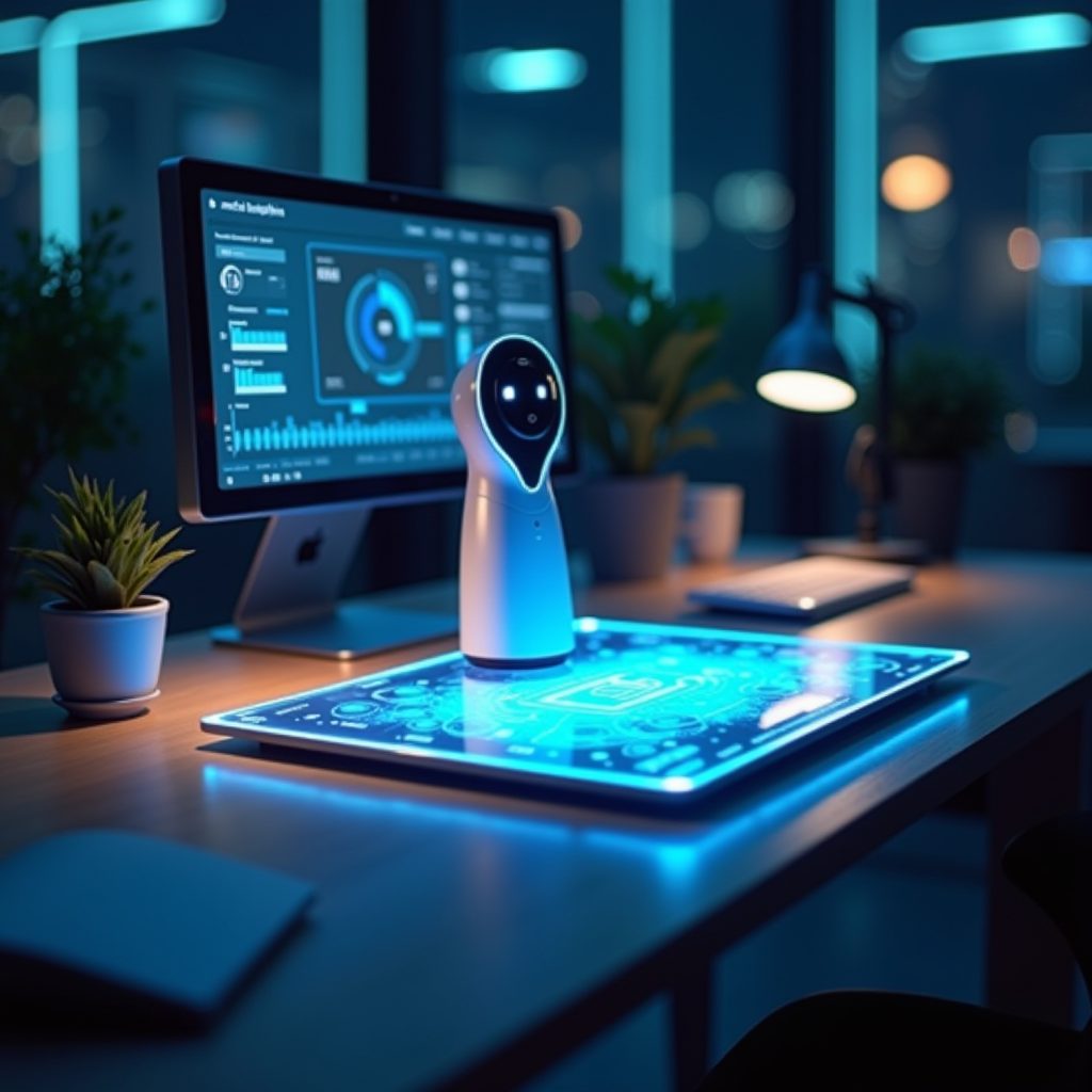 Assistant vocal intelligent moderne sur un bureau de travail français avec interface holographique bleue, écran tactile futuriste, environnement de bureau high-tech avec éclairage néon