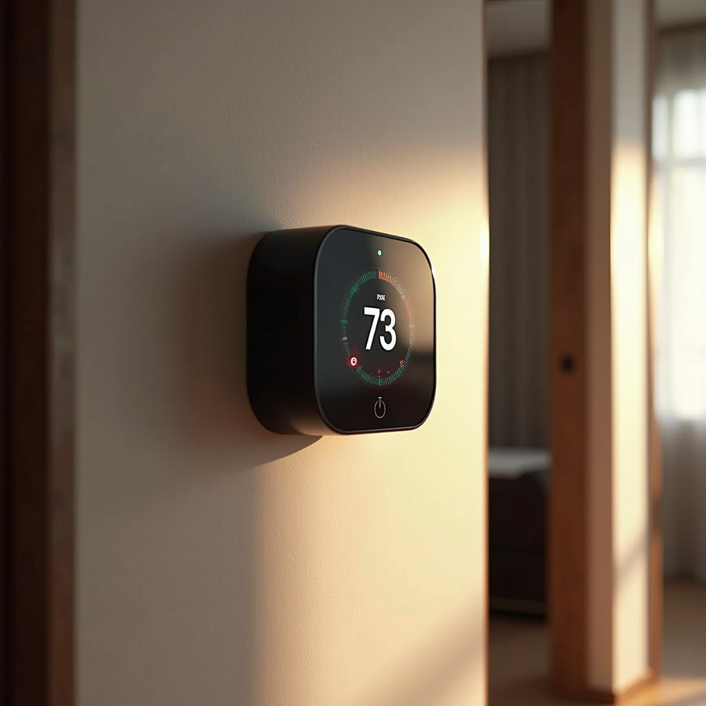 Thermostat intelligent moderne monté sur un mur affichant des contrôles de température avec interface tactile élégante dans un cadre domestique contemporain avec éclairage ambiant doux