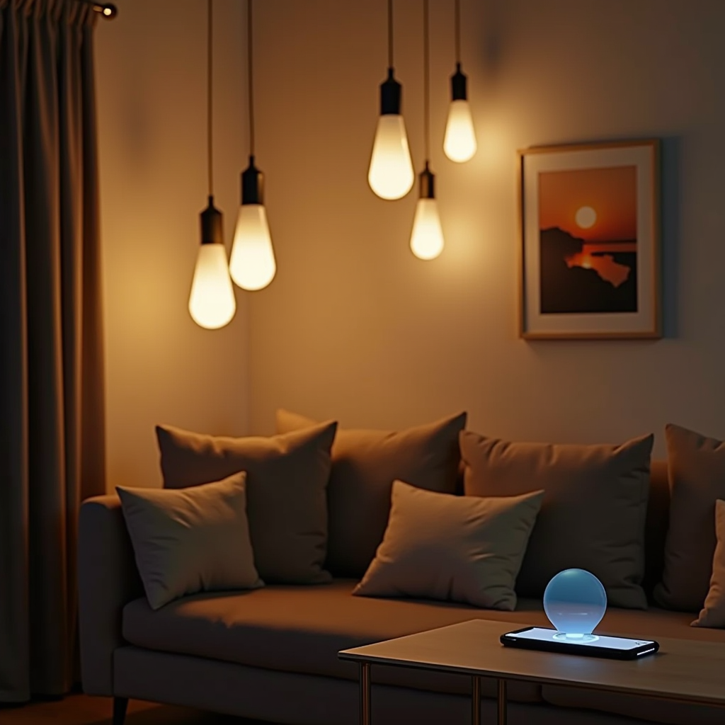 Système d'éclairage connecté moderne dans un salon contemporain avec plusieurs ampoules LED intelligentes créant une ambiance personnalisée contrôlée par smartphone