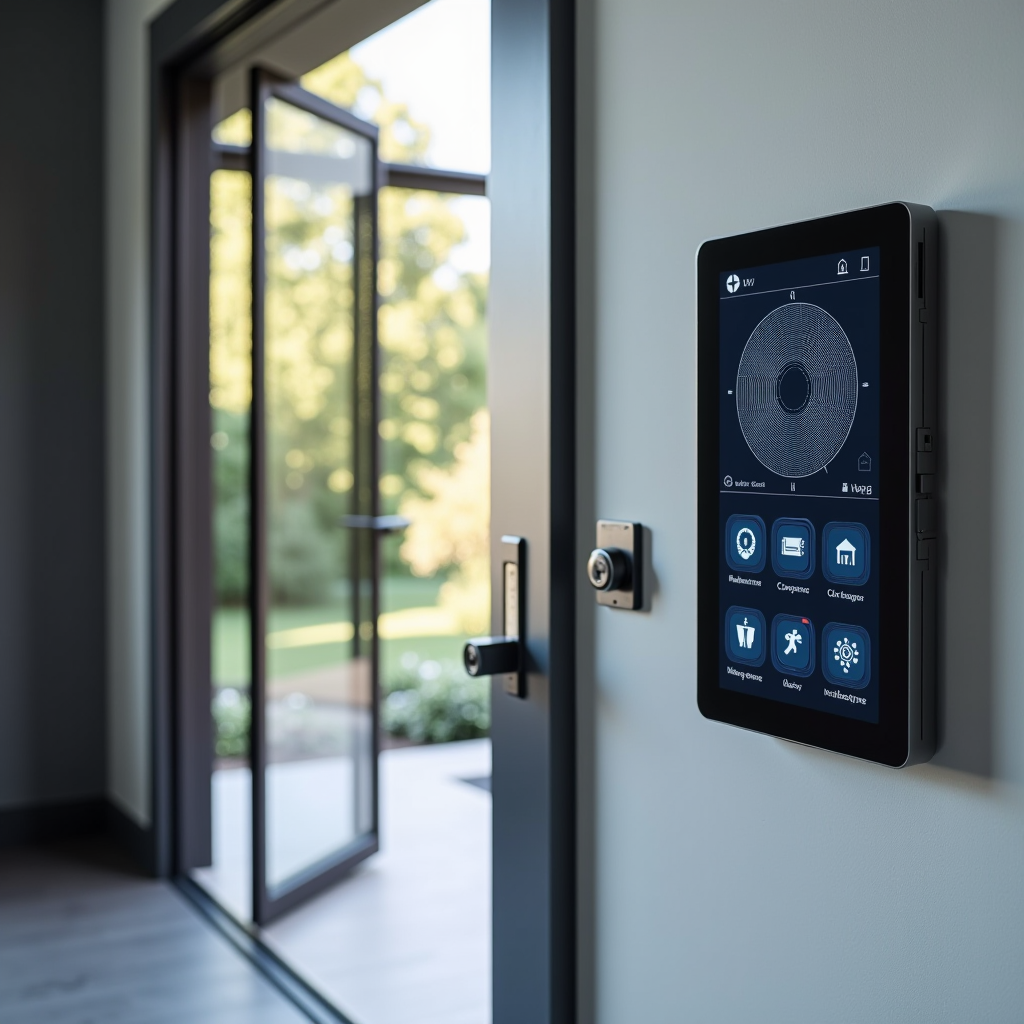 Système de sécurité intelligent moderne installé dans une maison française contemporaine, montrant des caméras connectées, une serrure intelligente sur la porte d'entrée, et un panneau de contrôle tactile mural avec interface futuriste affichant les différentes zones de surveillance