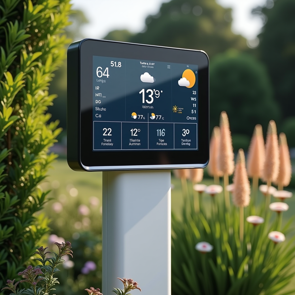 Station météo intelligente moderne installée dans un jardin français avec écran digital affichant température, humidité et prévisions, entourée de plantes vertes et fleurs, design élégant et futuriste