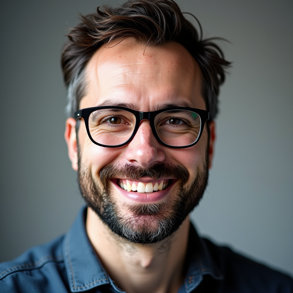Portrait professionnel de Marc Lefebvre, Responsable Produits chez Brightgadgets, homme européen souriant avec des lunettes et une barbe soignée