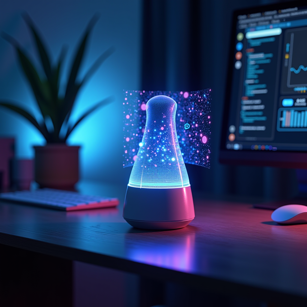 Assistant vocal intelligent moderne sur un bureau de travail français contemporain avec interface holographique bleue et violet, écran tactile futuriste, environnement de bureau high-tech avec éclairage néon