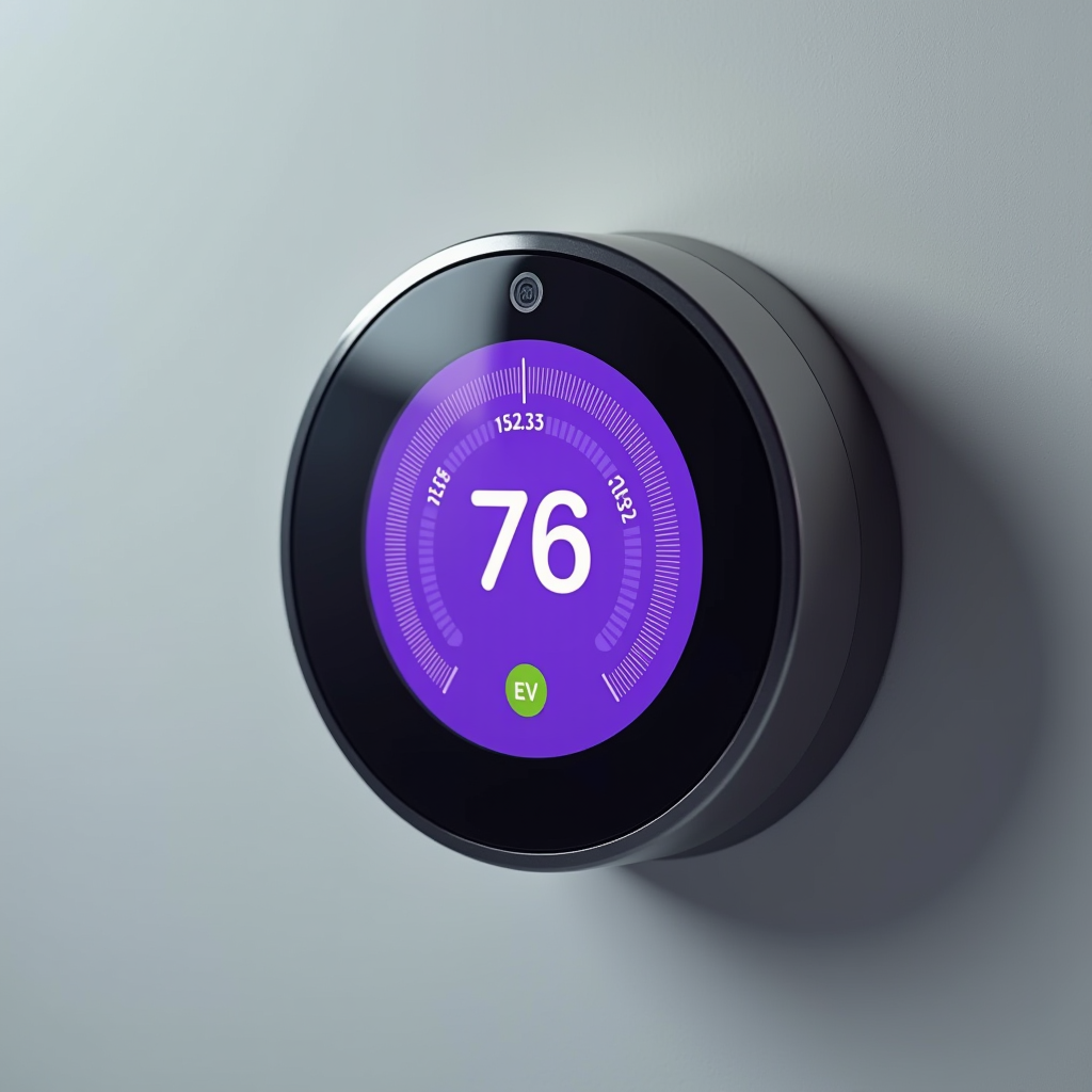 Thermostat intelligent moderne monté sur mur avec écran tactile lumineux violet, interface numérique affichant température et économies d'énergie, design futuriste minimaliste