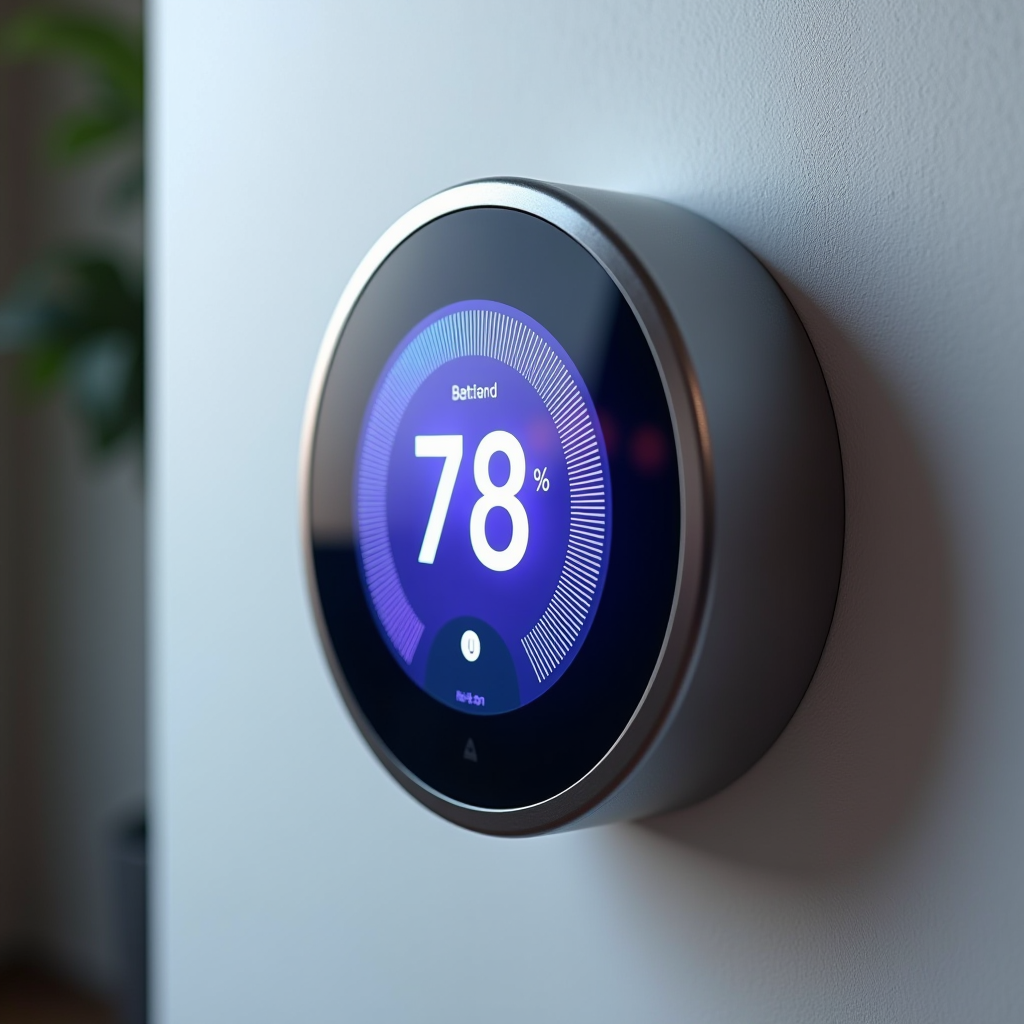 Thermostat intelligent connecté moderne monté sur mur avec écran tactile lumineux, interface utilisateur futuriste avec gradients bleu et violet, affichage de température numérique, design élégant et minimaliste pour maison connectée