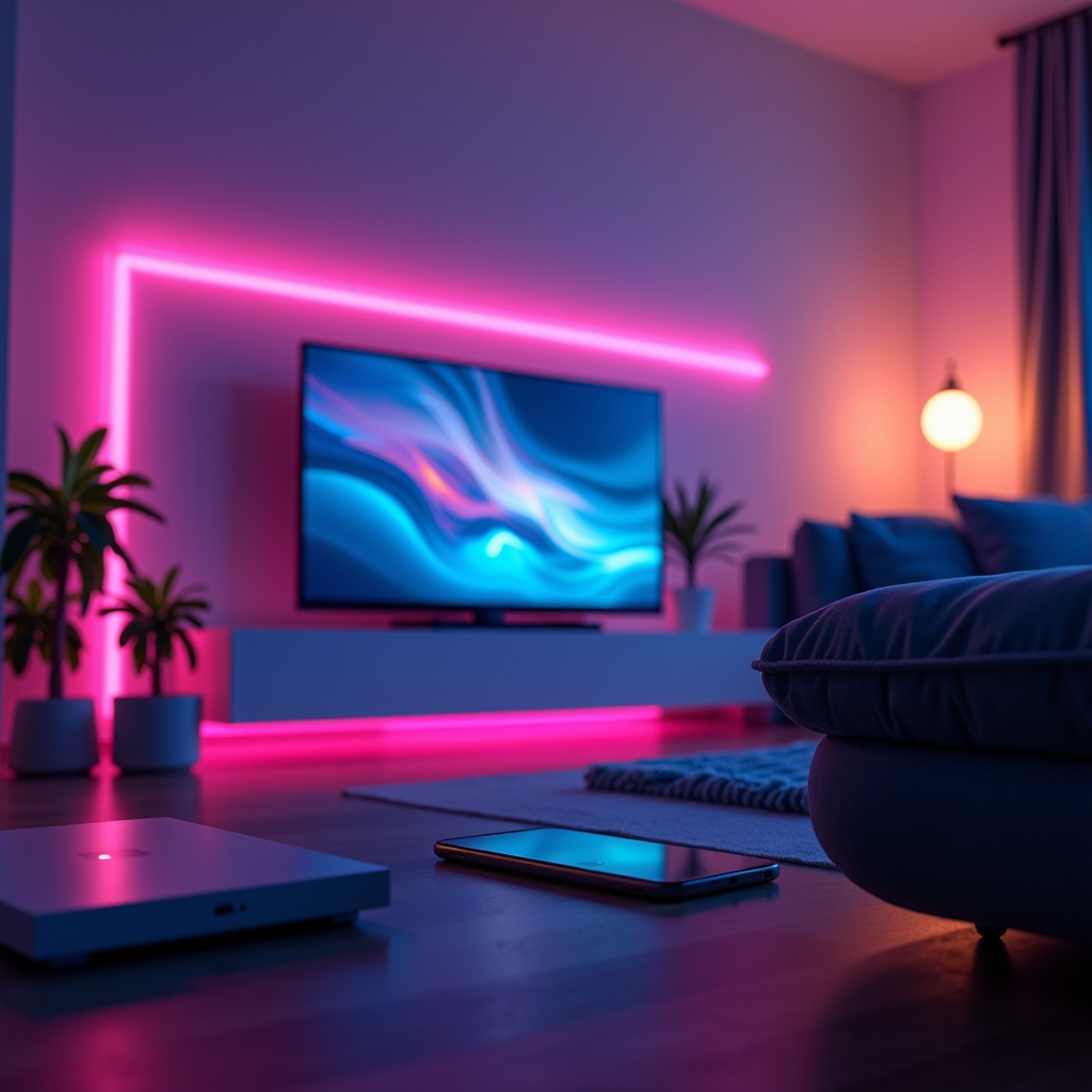 Système d'éclairage intelligent connecté dans espace de vie moderne avec lumières LED multicolores, contrôle via smartphone, ambiance futuriste avec effets lumineux néon rose et bleu