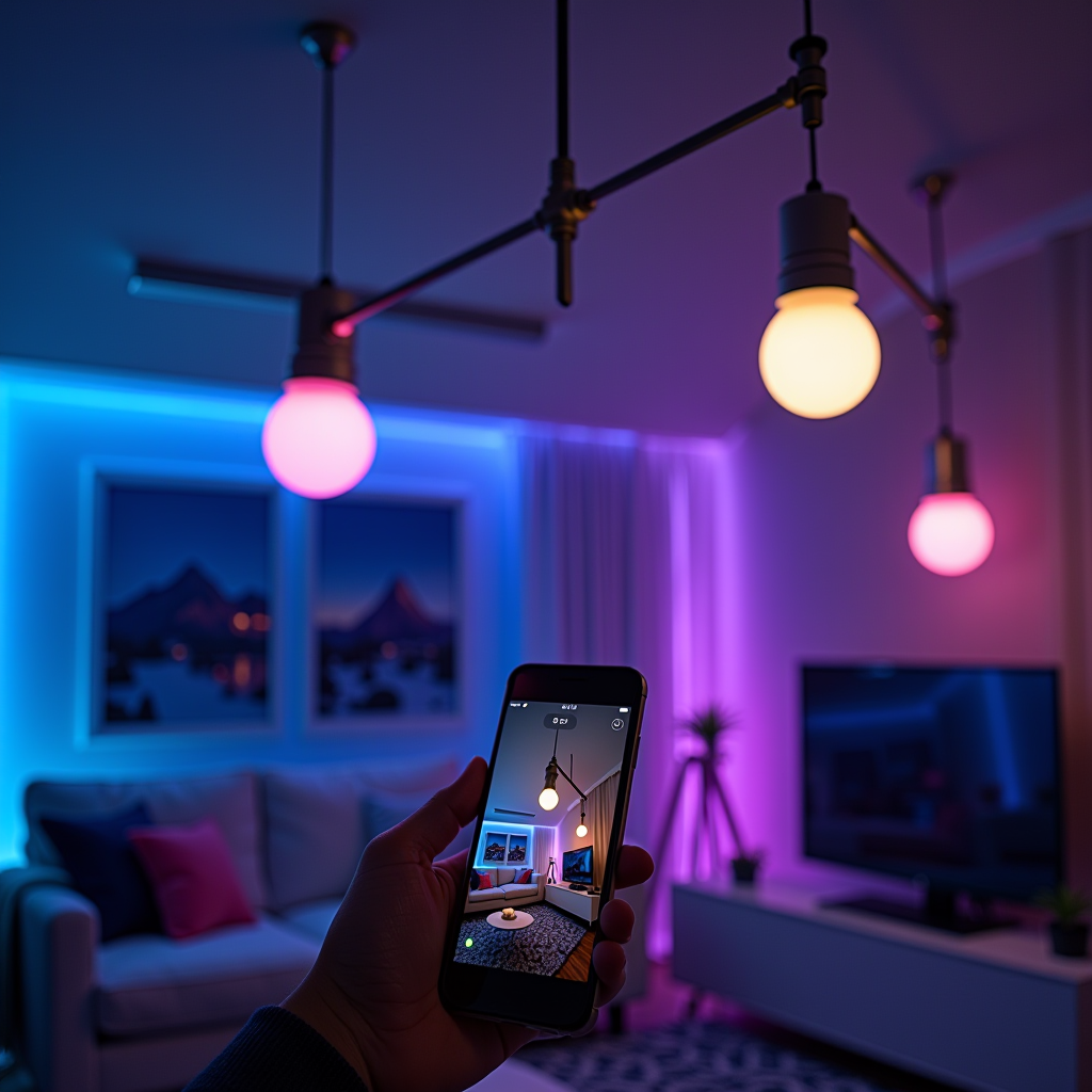 Système d'éclairage connecté intelligent avec ampoules LED multicolores, contrôle via smartphone, ambiance lumineuse futuriste avec effets néon bleu et violet, installation moderne dans espace de vie contemporain