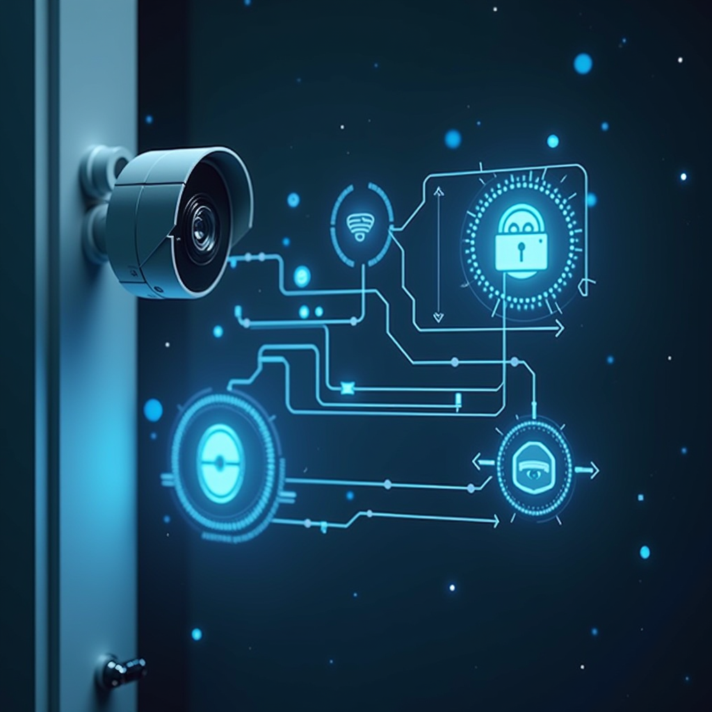 Système de sécurité intelligent avec caméra connectée high-tech, serrure intelligente futuriste, détecteurs de mouvement avec LED bleues, interface de contrôle holographique