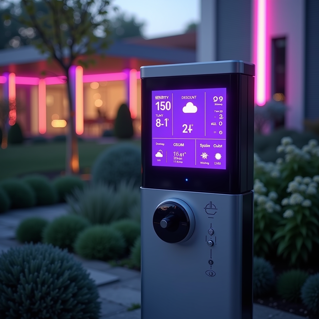 Station météo intelligente moderne avec écran digital violet, capteurs high-tech, affichage de données météorologiques futuriste, jardin connecté en arrière-plan avec éclairage néon