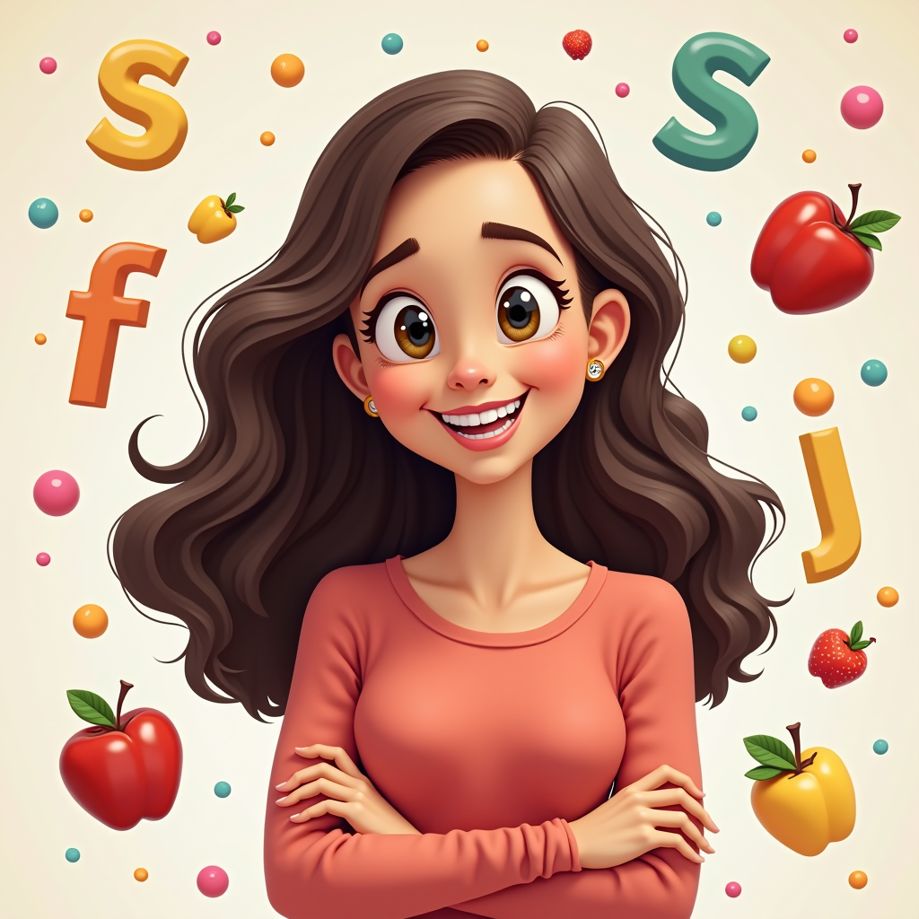 Cartoon style portrait of Sofia Bianchi, content writer with bright smile, surrounded by floating colorful letters and fruit icons