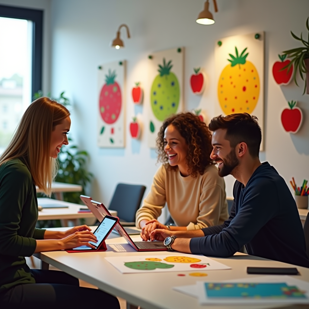 Happy creative team working in bright Italian office with colorful fruit character designs on walls, animators and illustrators collaborating at desks with digital tablets, cheerful workspace filled with playful decorations and vibrant artwork