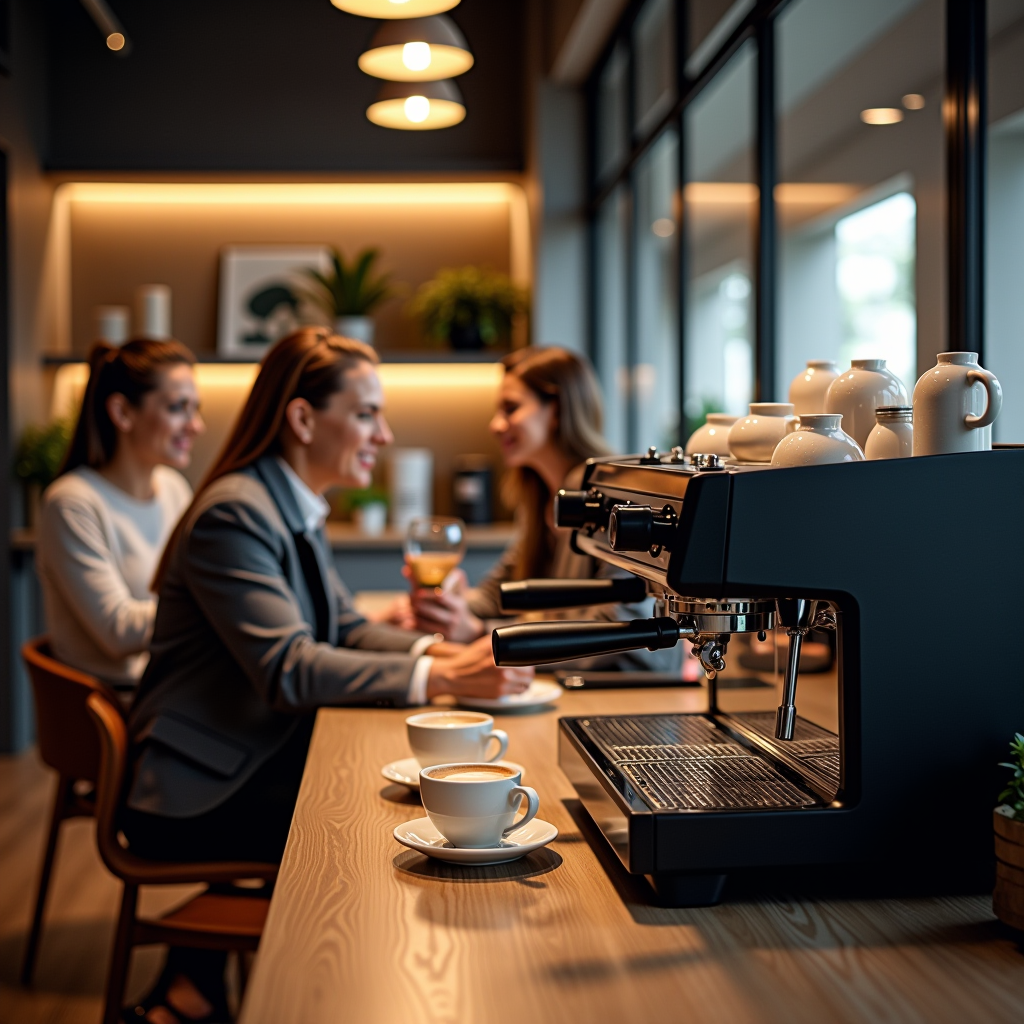 Sala pausa di un ufficio italiano moderno con macchina per espresso professionale, colleghi riuniti che gustano il caffè insieme, illuminazione calda, design contemporaneo con accenti in legno e area seduta confortevole, tazzine di espresso sul bancone, atmosfera rilassata ma professionale