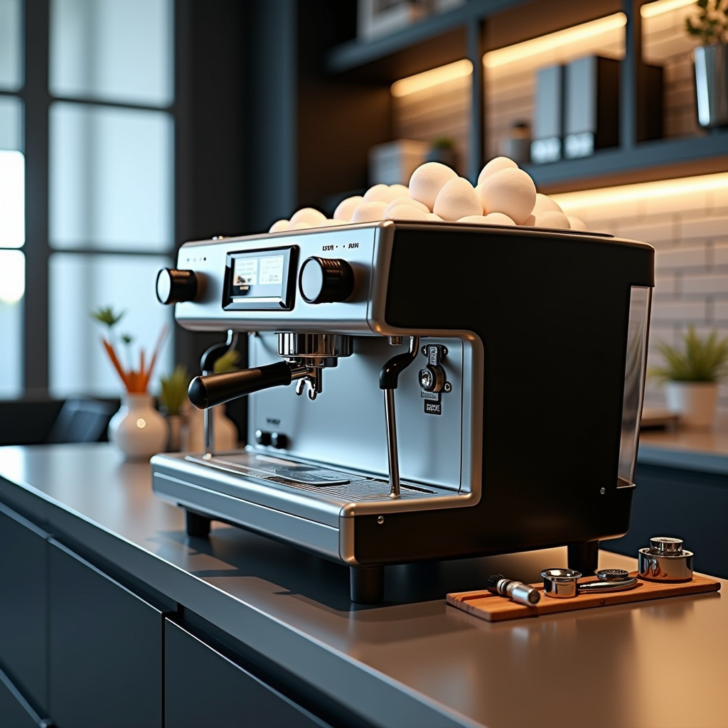 Macchina espresso professionale in ambiente ufficio moderno con superfici in acciaio inossidabile pulite e strumenti di manutenzione disposti ordinatamente accanto