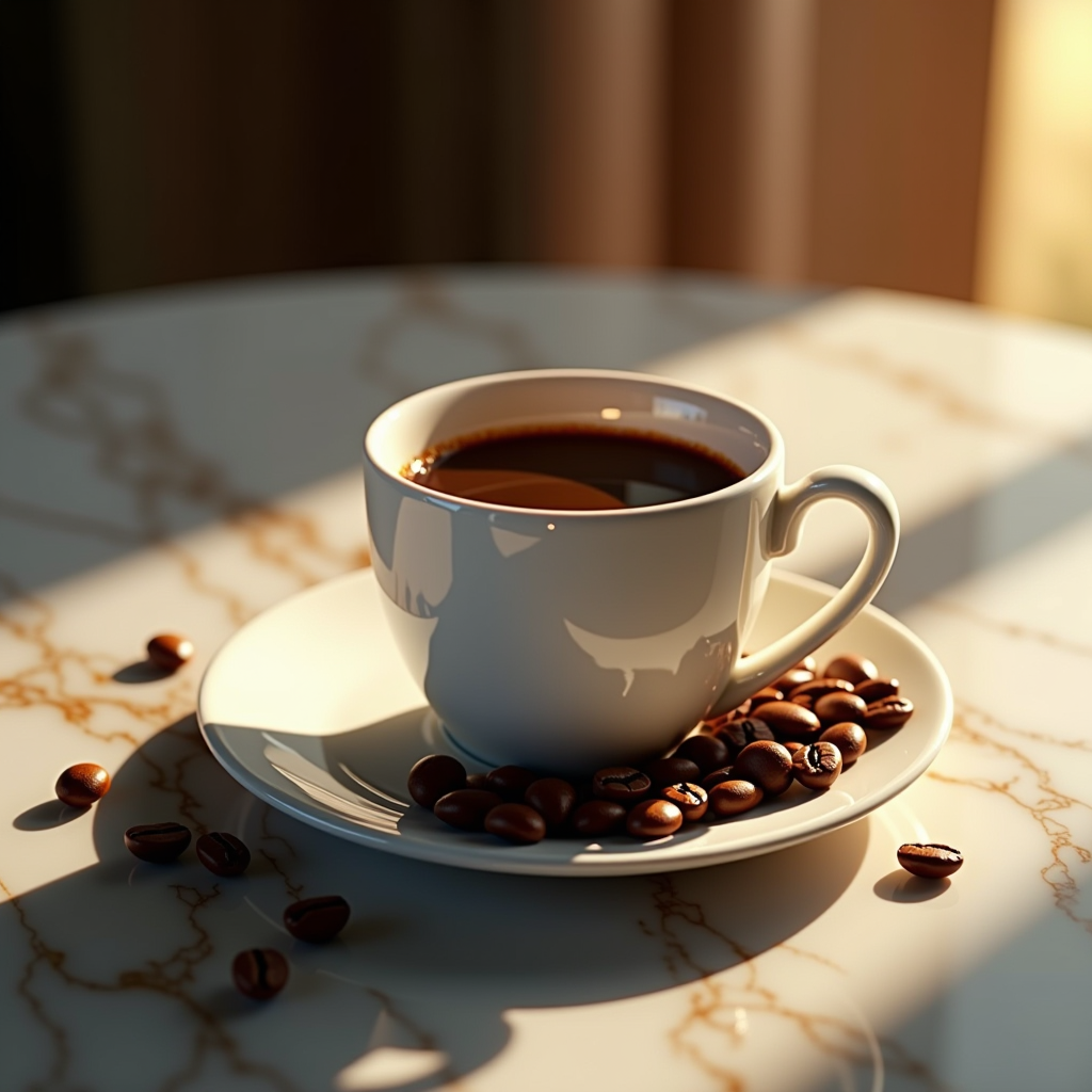 Tazza di caffè italiano elegante con chicchi di caffè specialty disposti artisticamente su superficie di marmo con illuminazione dorata calda che evidenzia la qualità premium del caffè gourmet