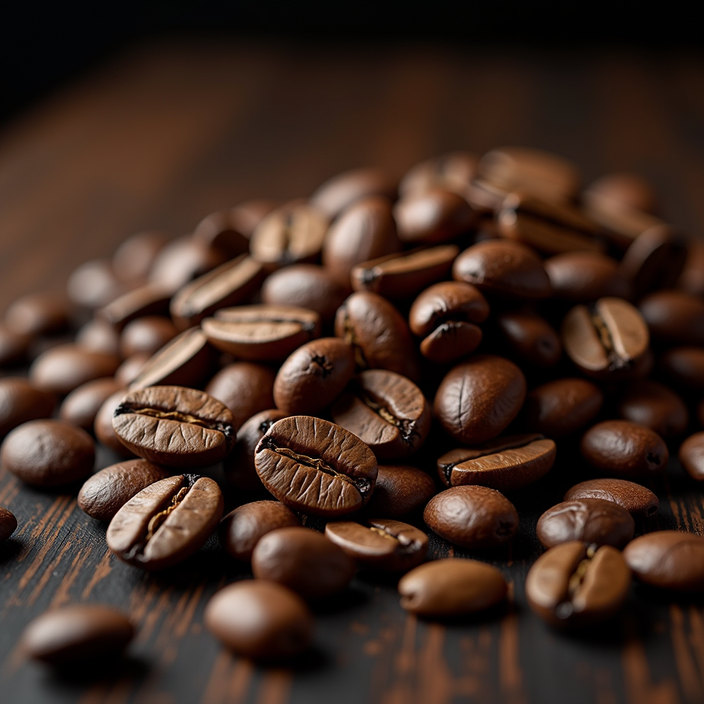 Assortimento di chicchi di caffè specialty di alta qualità in diverse tonalità di marrone, disposti artisticamente su superficie in legno scuro, etichette eleganti che mostrano origini diverse, illuminazione calda che evidenzia la texture dei chicchi