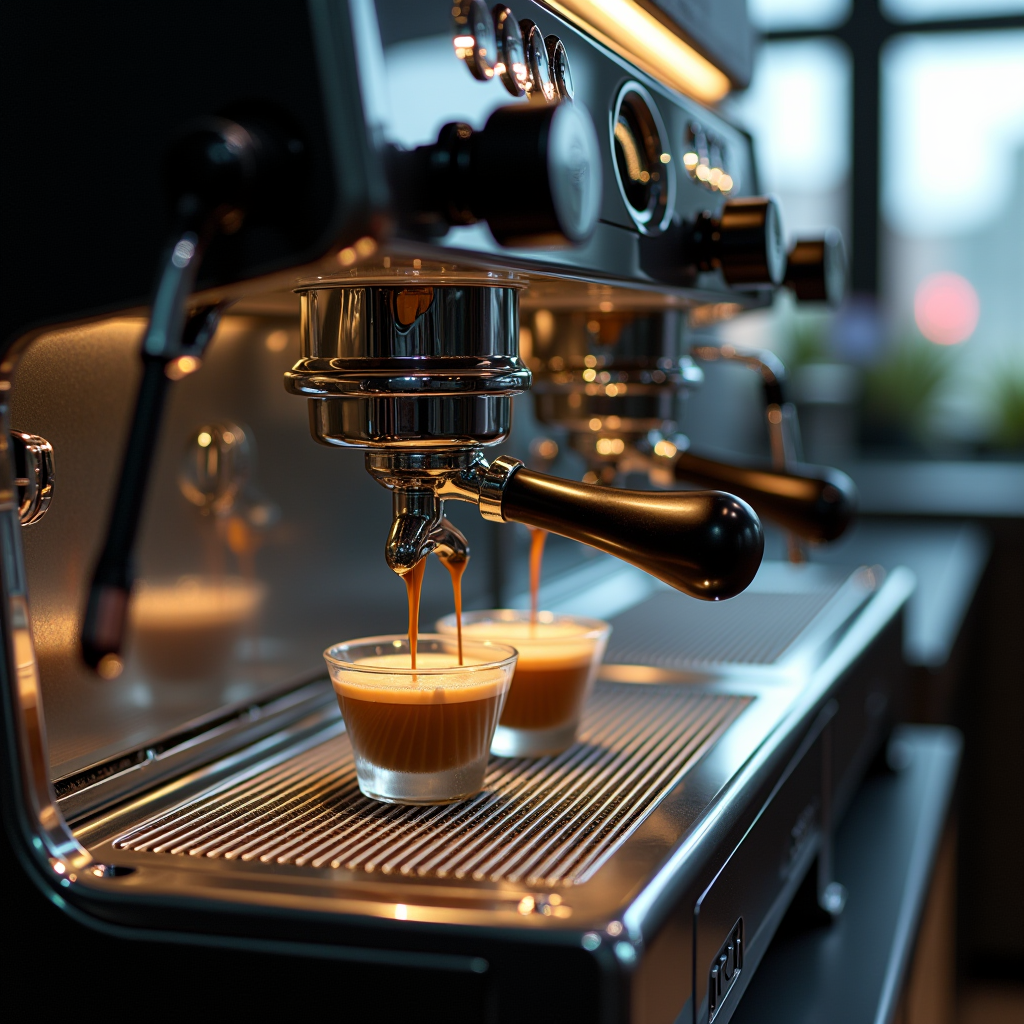 Professional espresso machine being cleaned and maintained, detailed view of cleaning tools and descaling process, pristine commercial coffee equipment in modern office kitchen setting