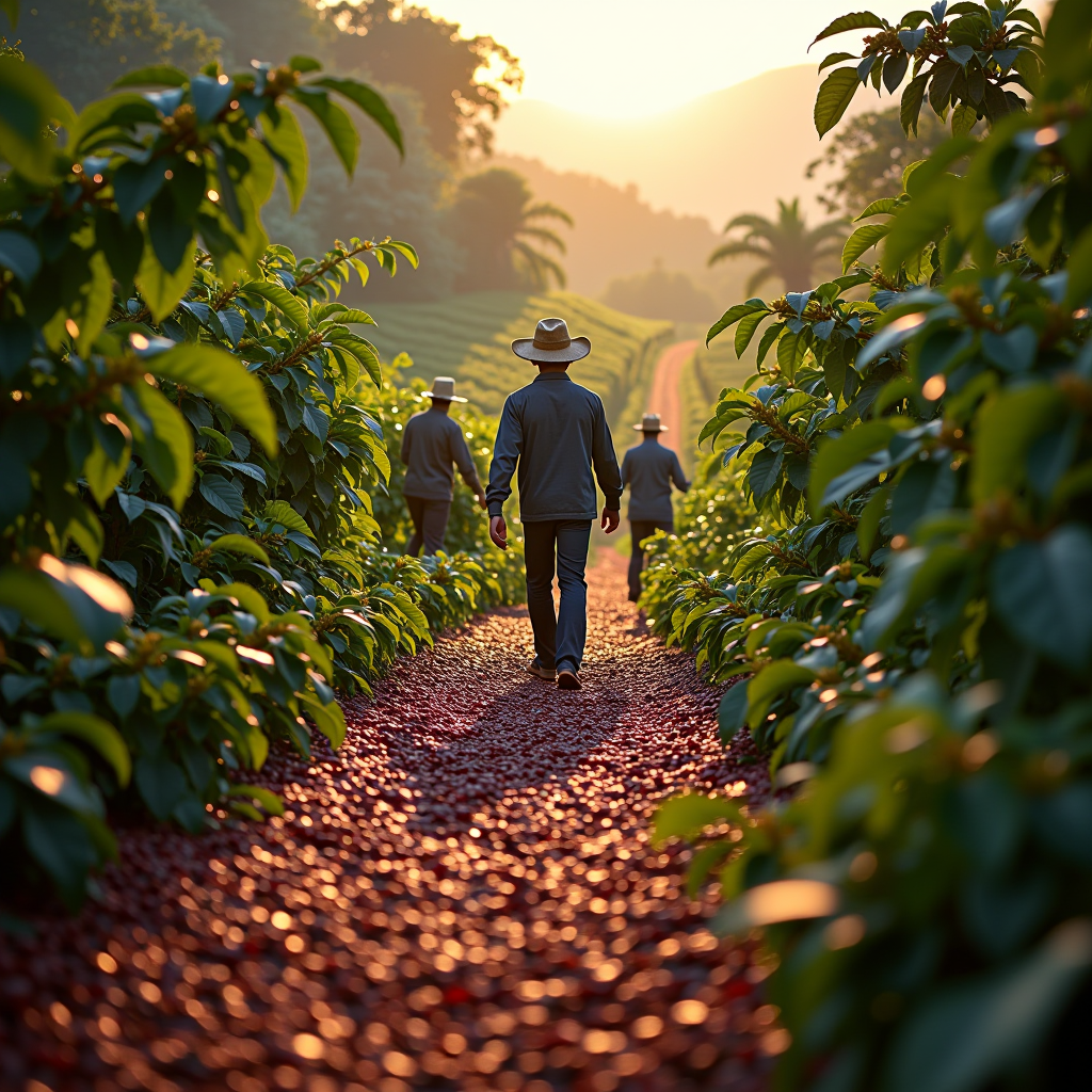 Piantagione di caffè sostenibile con agricoltori che raccolgono chicchi maturi, ambiente naturale rigoglioso, certificazioni di commercio equo visibili, atmosfera di responsabilità ambientale e sociale, luce solare dorata che filtra attraverso le piante di caffè
